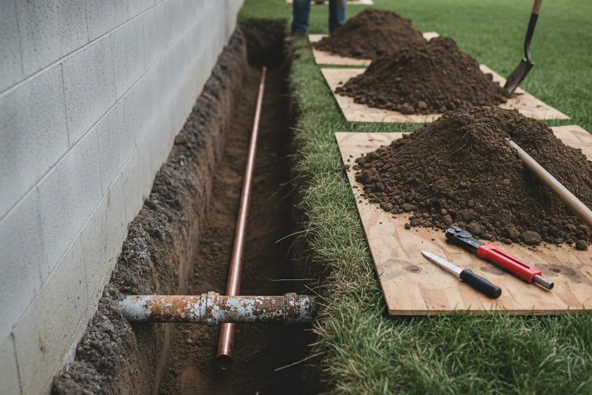 Excavated water line trench during Sewer Line Repair in Braselton